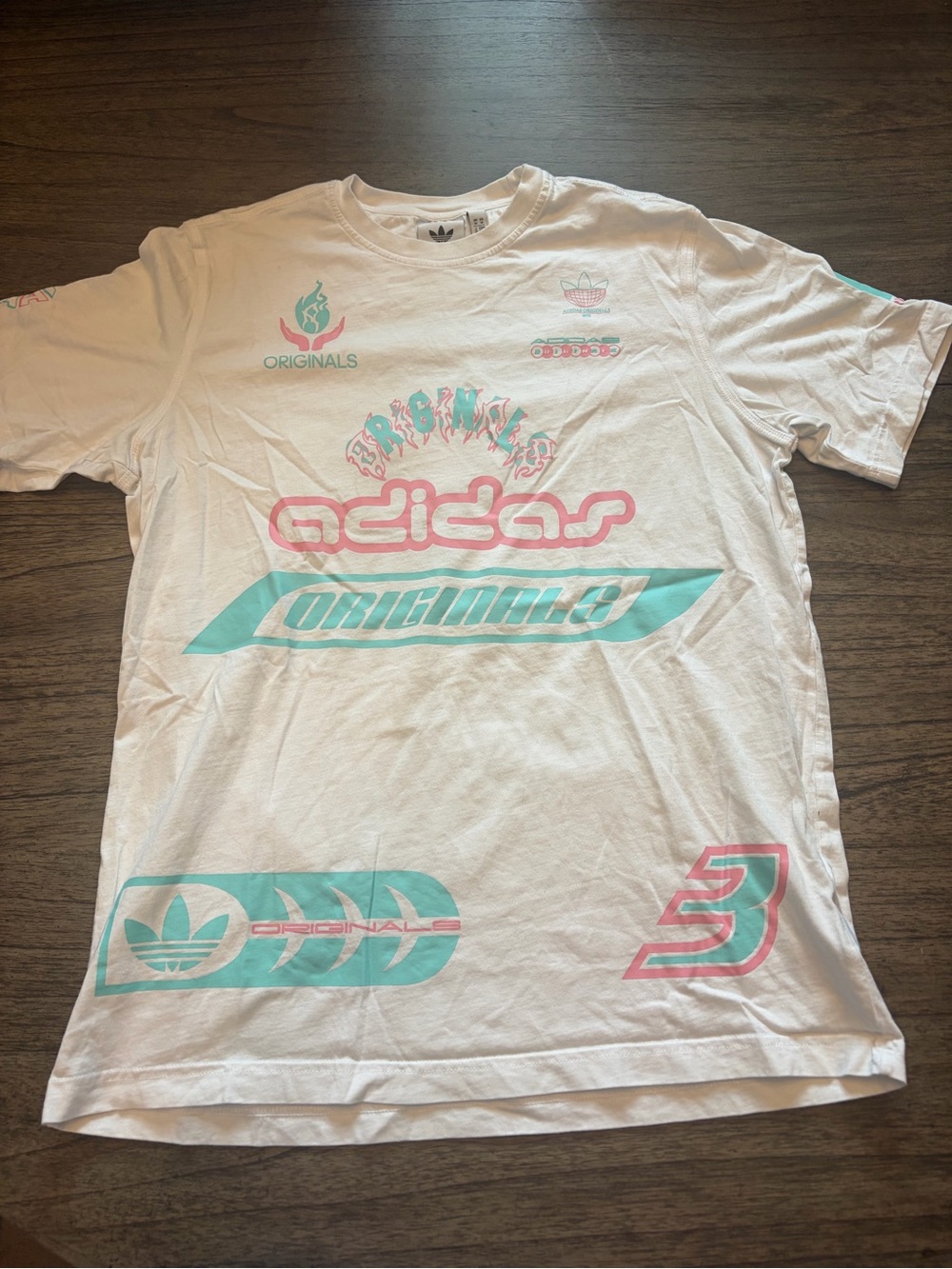 adidas White Short-Sleeve Tee with Pink & Teal Logos